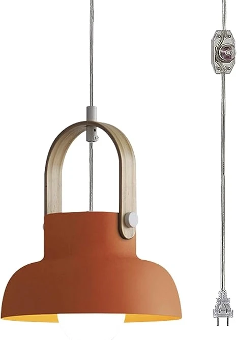 Hanging Swag Lamp no Wiring Needed Portable Rubber Wood Pendant Light